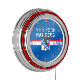 NHL Chrome Double Rung Neon Clock - New York Rangers������